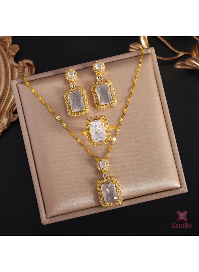 Julia Store Princess Style Rhinestone Zircon Simulated Emerald-Cut Pendant Earrings Ring Necklace for Women Square Cubic Zirconia Aesthetic 18K Gold Plated Stainless Steel Jewelry Set of 3 - White - Image 2