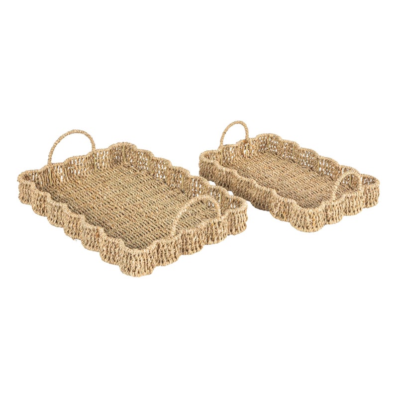 Household Essentials Woven Seagrass Scalloped Rectangular Trays, Set of 2, Natural - Image 1