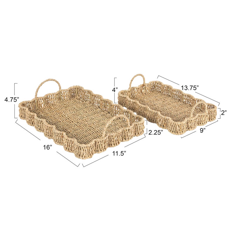 Household Essentials Woven Seagrass Scalloped Rectangular Trays, Set of 2, Natural - Image 2