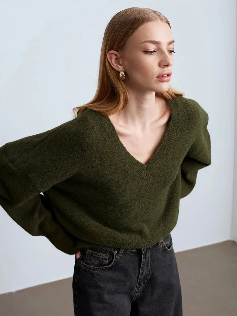 ديلفين Dilvin Women's V-neck Ribbed Knit Sweater