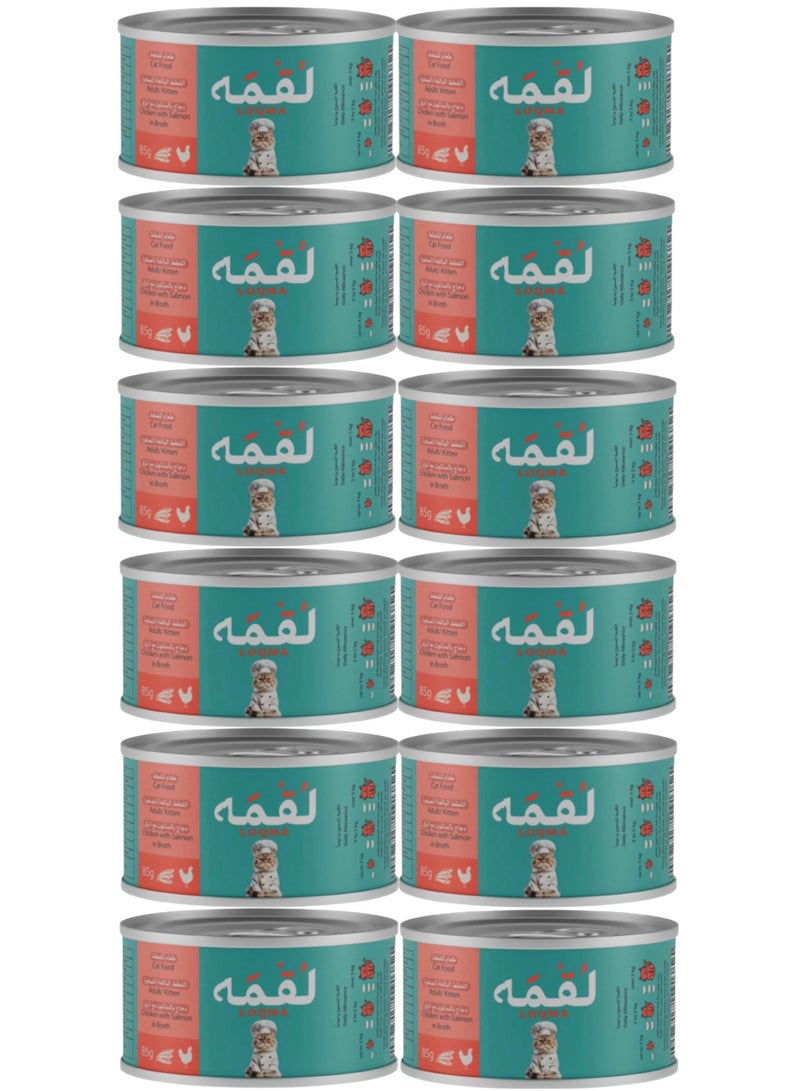 LOQMA – WET CAT FOOD WITH CHICKEN AND SALMON IN BROTH – FOR ALL LIFE STAGES (12 X 85G) - Image 1