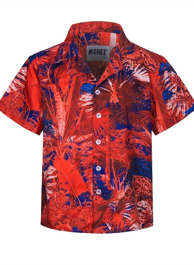MOHEZ Little & Big Boys Hawaiian Shirts Short Sleeve Summer Beach Tropical Casual Aloha Luau Shirts Top for Kids Red 9-10 Years Old - Image 1