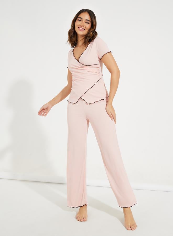 Styli Mono Contrast Edge Rib Wrap Over T-Shirt & Pyjama Set  - Image 1