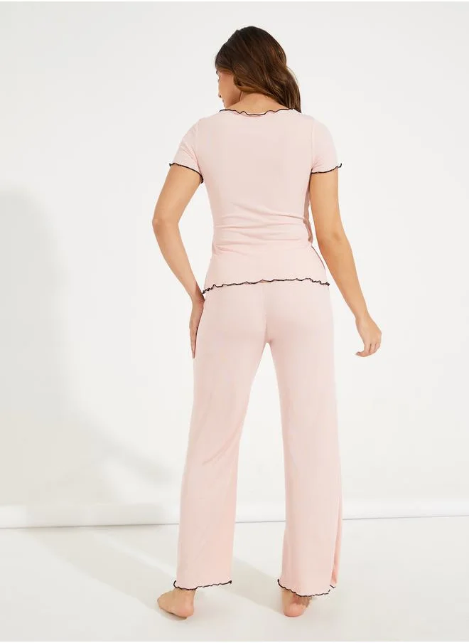 Styli Mono Contrast Edge Rib Wrap Over T-Shirt & Pyjama Set