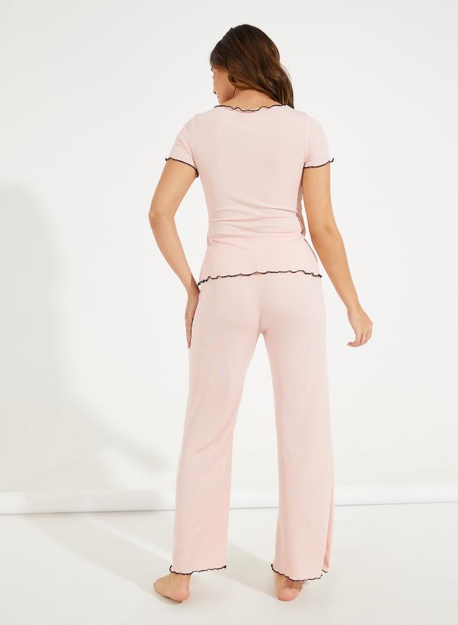 Styli Mono Contrast Edge Rib Wrap Over T-Shirt & Pyjama Set  - Image 4
