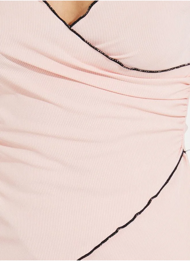 Styli Mono Contrast Edge Rib Wrap Over T-Shirt & Pyjama Set