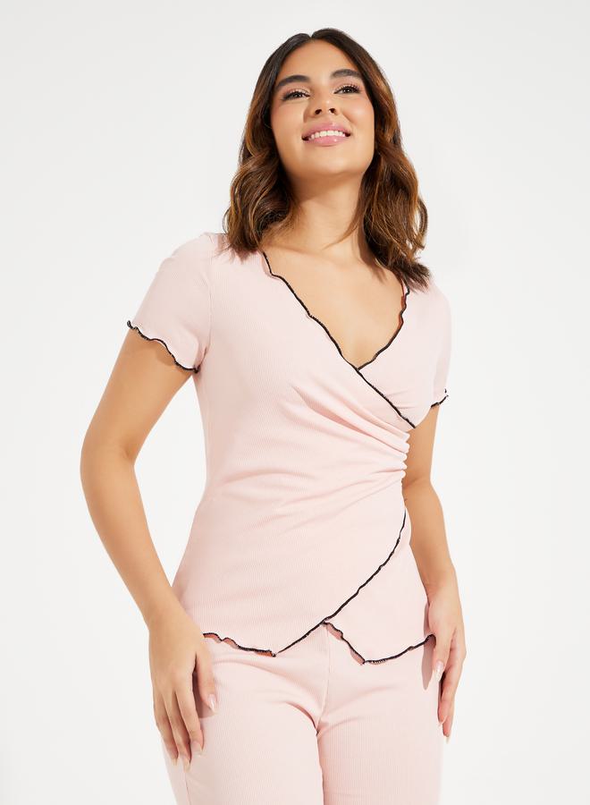 Styli Mono Contrast Edge Rib Wrap Over T-Shirt & Pyjama Set  - Image 2