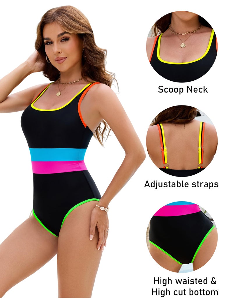 BMJL Women's One Piece Swimsuit Sports Adjustable Strap Bathing Suit Color Block Ribbed High Cut Swimsuits(M,Rainbow Black Blue) - Image 4
