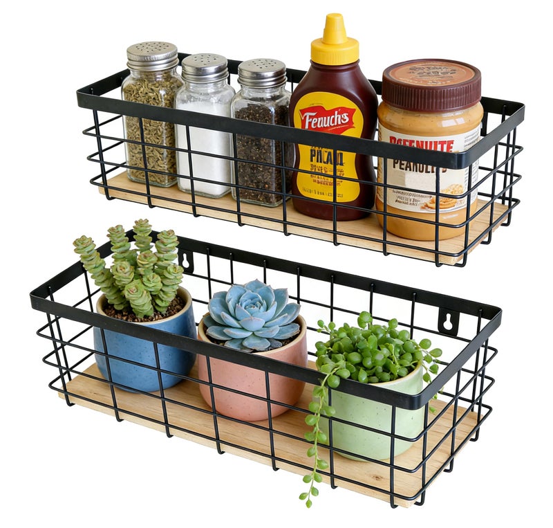 ShabbyDecor Metal Wire Basket Detachable Wood Base Storage Organizer Farmhouse Hanging Basket for Kitchen Cabinets, Bathroom, Pantry, Laundry Room Set of 2,Black Color - Image 3