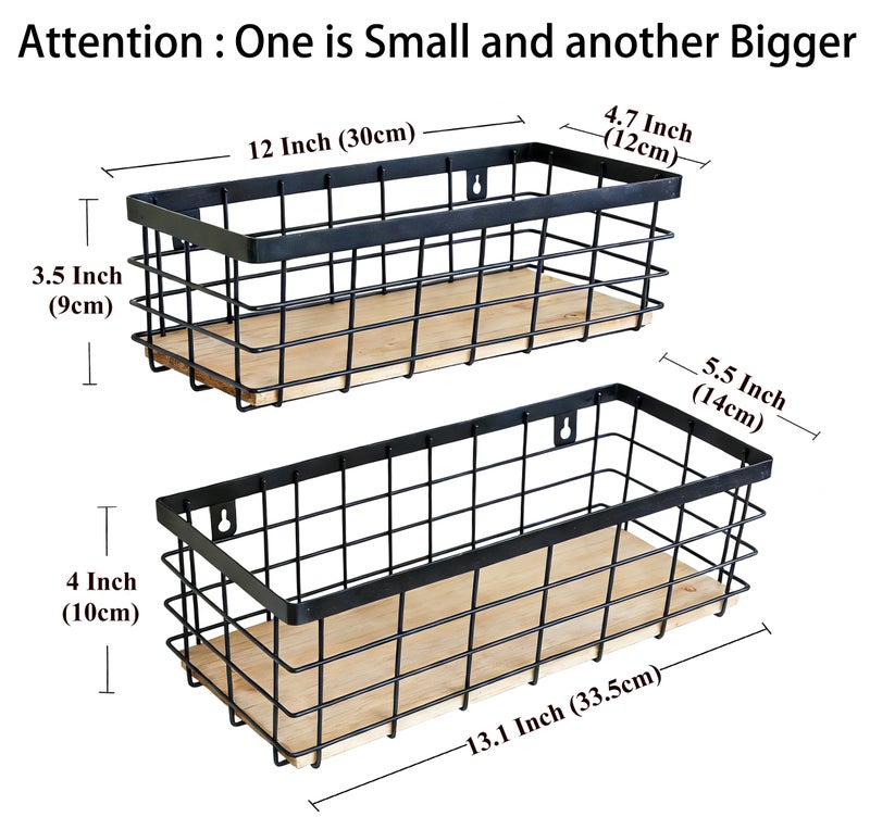 ShabbyDecor Metal Wire Basket Detachable Wood Base Storage Organizer Farmhouse Hanging Basket for Kitchen Cabinets, Bathroom, Pantry, Laundry Room Set of 2,Black Color - Image 2
