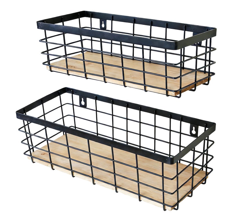 ShabbyDecor Metal Wire Basket Detachable Wood Base Storage Organizer Farmhouse Hanging Basket for Kitchen Cabinets, Bathroom, Pantry, Laundry Room Set of 2,Black Color - Image 1