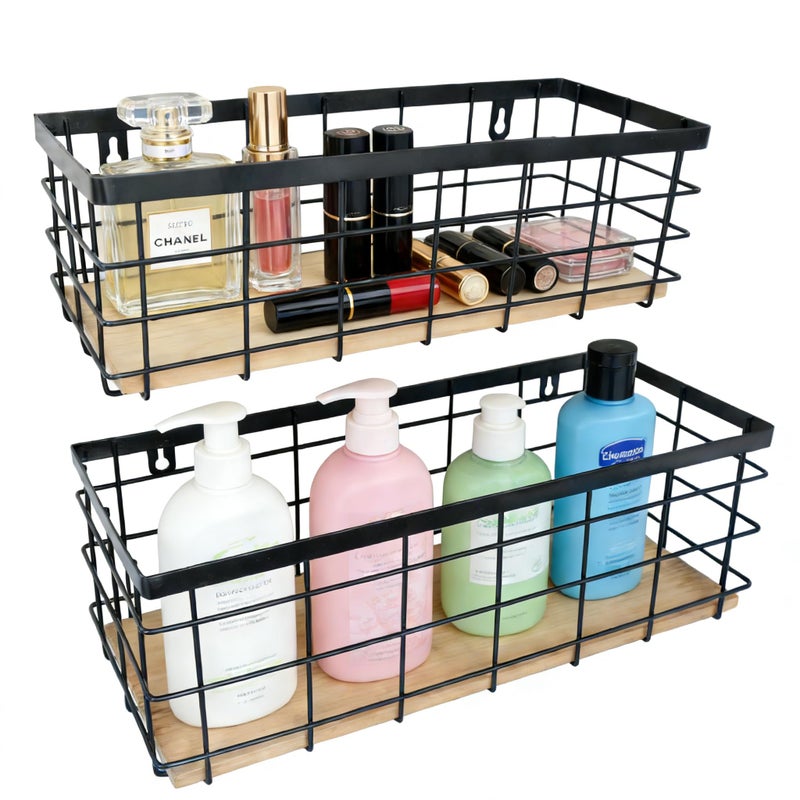 ShabbyDecor Metal Wire Basket Detachable Wood Base Storage Organizer Farmhouse Hanging Basket for Kitchen Cabinets, Bathroom, Pantry, Laundry Room Set of 2,Black Color - Image 4