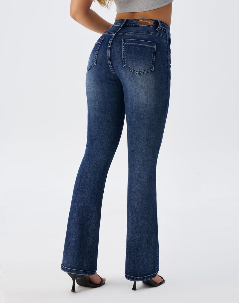 roswear Women's Trendy Stretchy Flare Jeans Mid Rise Bootcut Curvy Denim Pants Retro Blue Small - Image 3