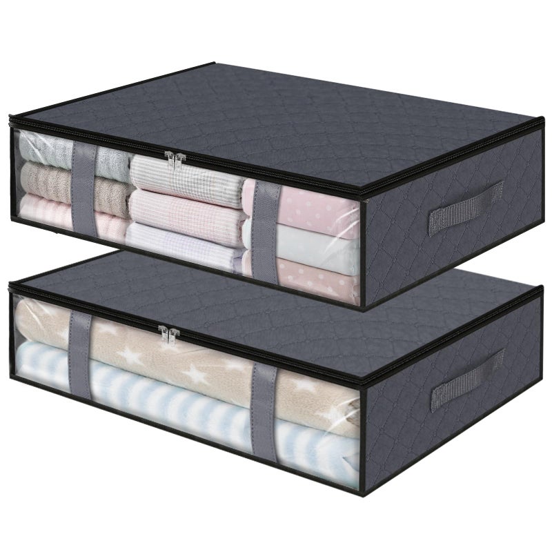 StorageRight Under Bed Storage Bins 2Pack 40L Foldable Fabric Storage Bags with Transparent Window Breathable Organizer for ClothesBlanketComforterQuilt Grey