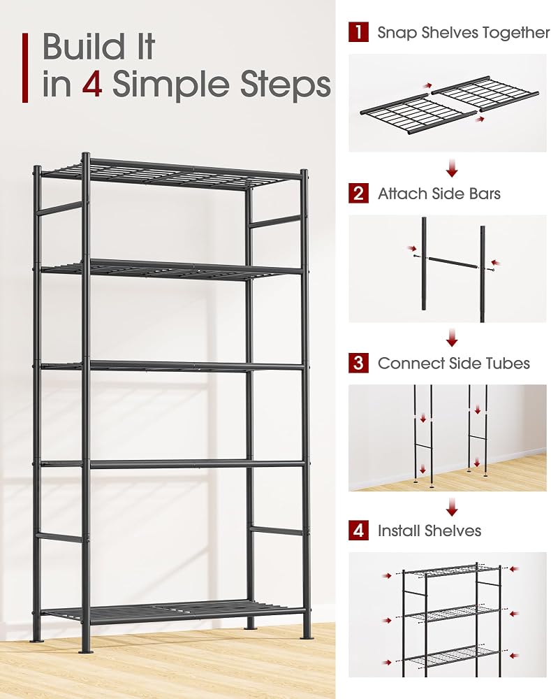 Sakugi Storage Shelves, 5 Tier Heavy Duty Metal Shelving Unit, Black - Image 5