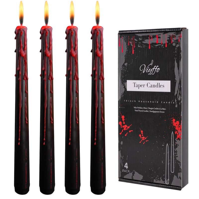 Viyffo Taper Candles - Black Halloween Candle Sticks, 10 Inch Vampire Blood Drip Bleeding Candles, Set of 4 Unscented Candlesticks for Spooky Gothic Decor and Creepy Vampire Room - Image 1