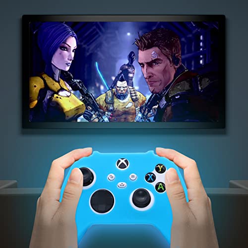 HLRAO Blue Silicone Cover Skin for Xbox Series X/S Controller Glow in The Dark Anti-Slip Soft Rubber Case Protector Accessories Set with 8 Glow in The Dark Thumb Grips Caps + 2 Cute Cat Paw Caps. - Image 2