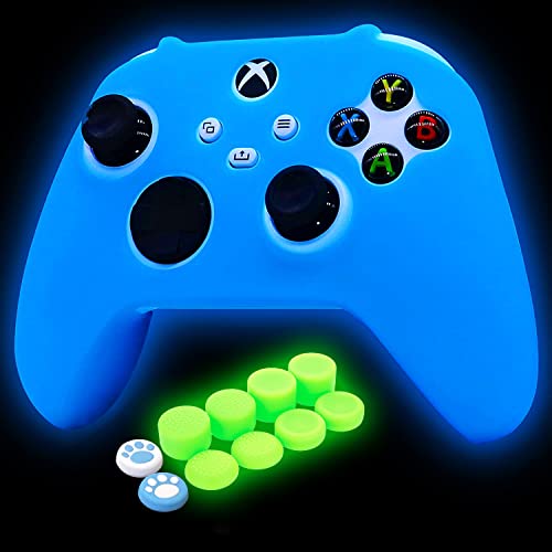 HLRAO Blue Silicone Cover Skin for Xbox Series X/S Controller Glow in The Dark Anti-Slip Soft Rubber Case Protector Accessories Set with 8 Glow in The Dark Thumb Grips Caps + 2 Cute Cat Paw Caps. - Image 1