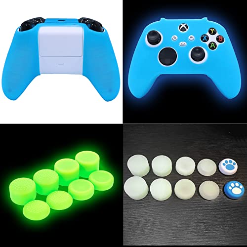 HLRAO Blue Silicone Cover Skin for Xbox Series X/S Controller Glow in The Dark Anti-Slip Soft Rubber Case Protector Accessories Set with 8 Glow in The Dark Thumb Grips Caps + 2 Cute Cat Paw Caps. - Image 3