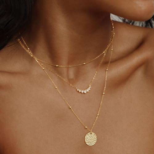 Kyerlyn layered gold necklaces for women，Stackable Stack 14K Gold Plated Chain Necklace Trendy Layering Coin CZ Simple Circle Cubic Zirconia Pendant Necklaces Set Gold Jewelry for women Gifts - Image 2