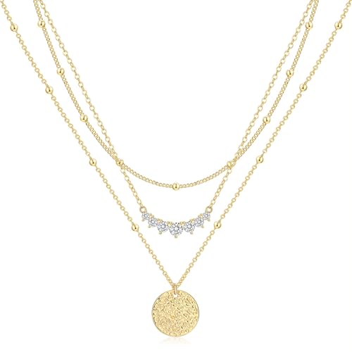 Kyerlyn layered gold necklaces for women，Stackable Stack 14K Gold Plated Chain Necklace Trendy Layering Coin CZ Simple Circle Cubic Zirconia Pendant Necklaces Set Gold Jewelry for women Gifts - Image 1