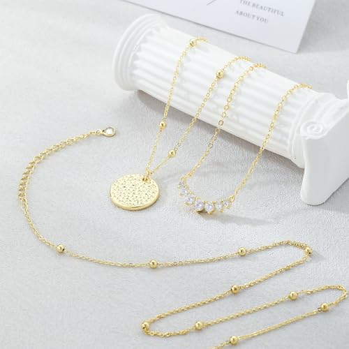 Kyerlyn layered gold necklaces for women，Stackable Stack 14K Gold Plated Chain Necklace Trendy Layering Coin CZ Simple Circle Cubic Zirconia Pendant Necklaces Set Gold Jewelry for women Gifts - Image 5