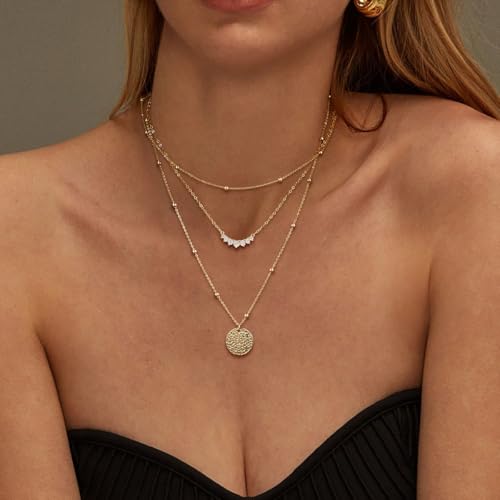 Kyerlyn layered gold necklaces for women，Stackable Stack 14K Gold Plated Chain Necklace Trendy Layering Coin CZ Simple Circle Cubic Zirconia Pendant Necklaces Set Gold Jewelry for women Gifts - Image 4