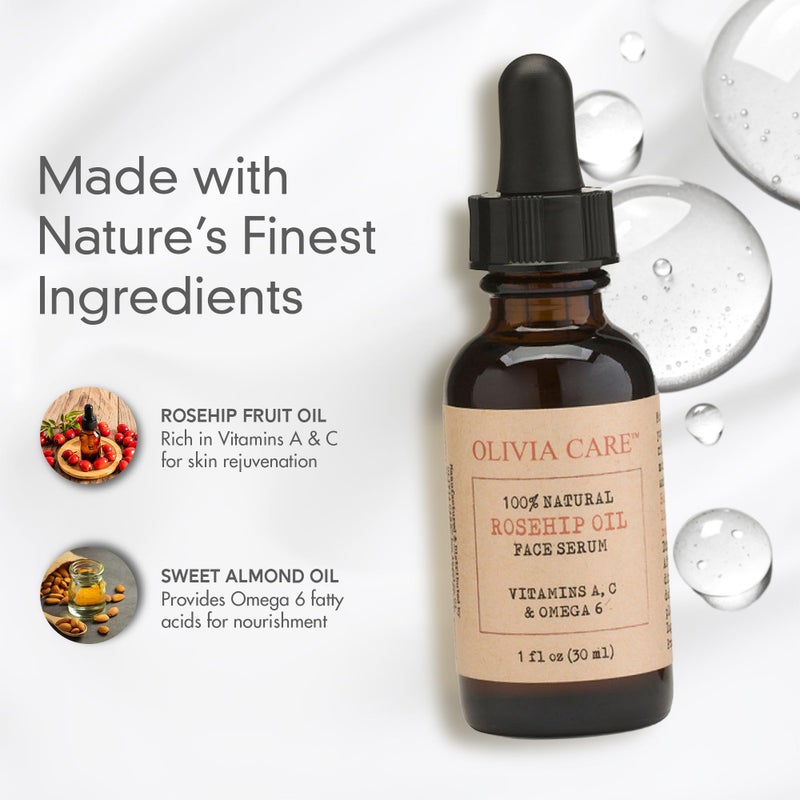 Olivia Care Rosehip Seed Oil Serum By Olivia Care Natural Moisturizer for Face, Body & Skin with Vitamins E, C, A & Omega 6, Perfect for Treating Wrinkles, Acne Scars, Sun Spots, Dark Circles & Anti-Aging - 1 OZ - Image 4