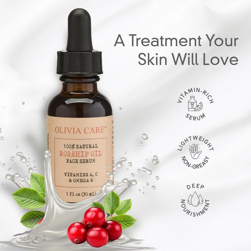 Olivia Care Rosehip Seed Oil Serum By Olivia Care Natural Moisturizer for Face, Body & Skin with Vitamins E, C, A & Omega 6, Perfect for Treating Wrinkles, Acne Scars, Sun Spots, Dark Circles & Anti-Aging - 1 OZ - Image 3