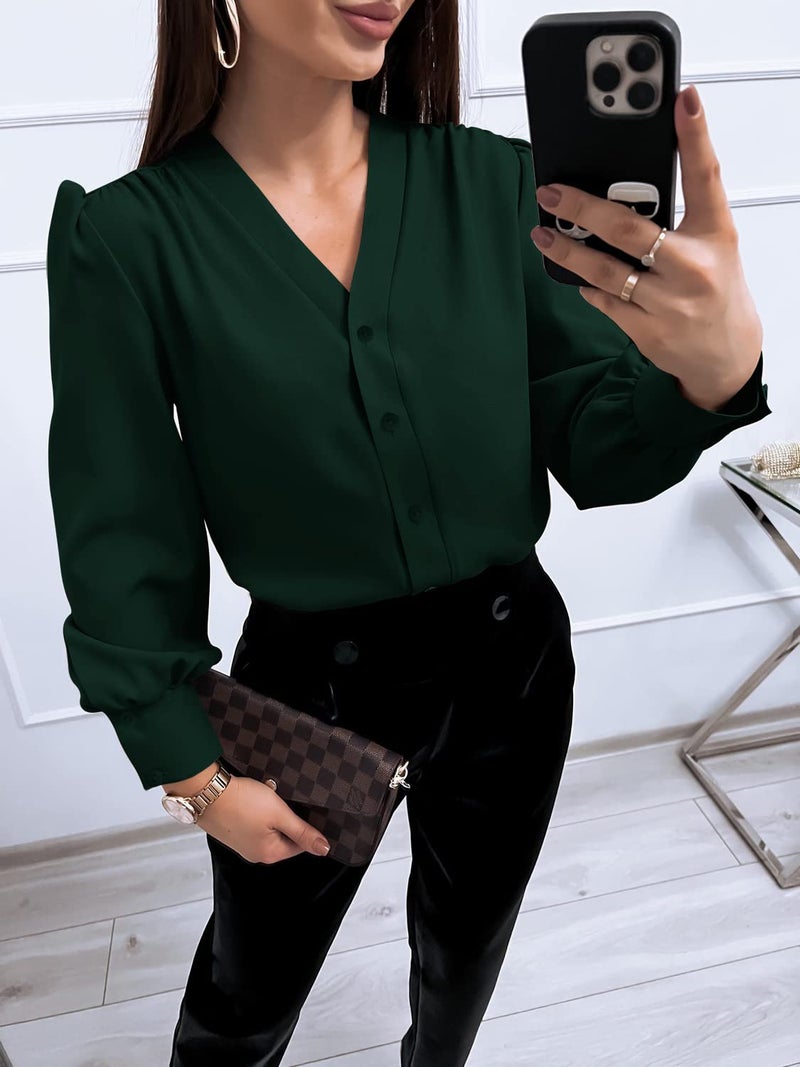 Flowyair Women's Business Casual Tops Summer Long Sleeve Button Down Shirts V Neck Chiffon Blouses A-Dark Green - Image 3