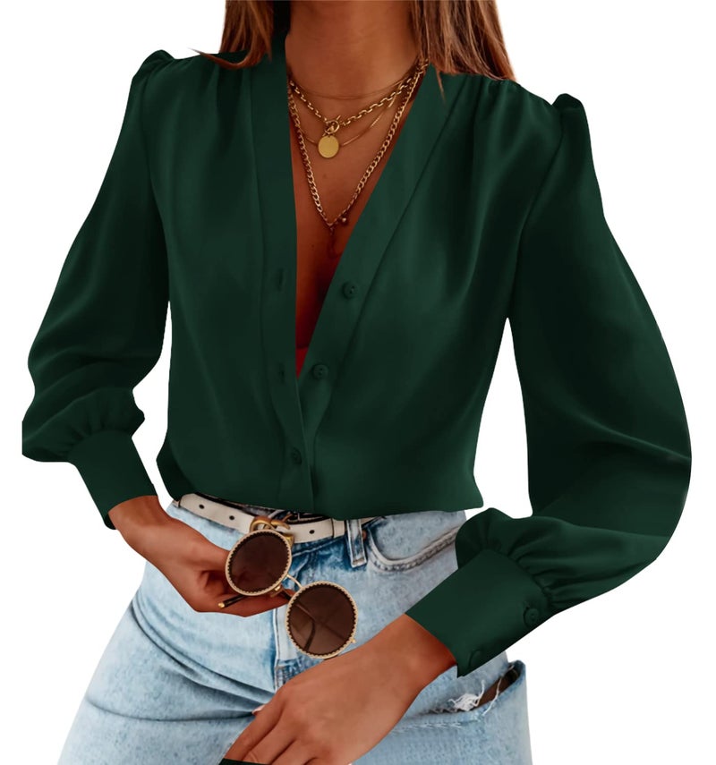 Flowyair Women's Business Casual Tops Summer Long Sleeve Button Down Shirts V Neck Chiffon Blouses A-Dark Green - Image 1