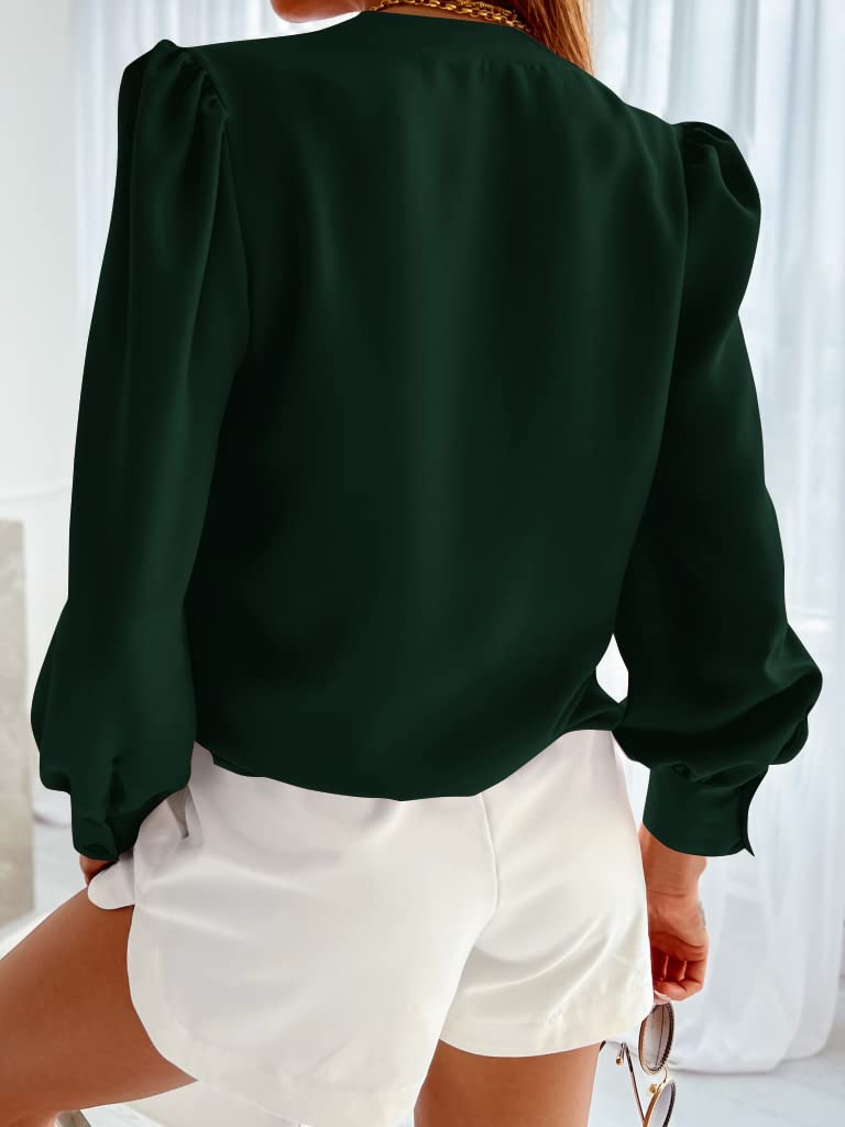 Flowyair Women's Business Casual Tops Summer Long Sleeve Button Down Shirts V Neck Chiffon Blouses A-Dark Green - Image 2