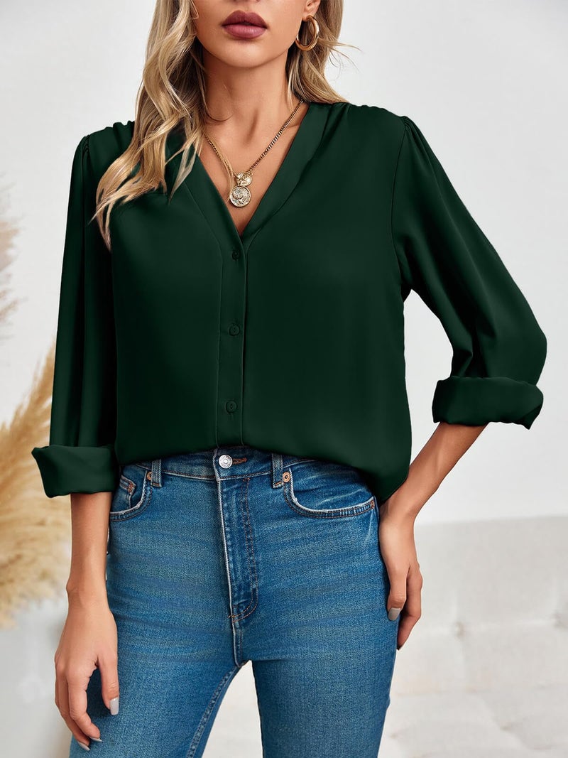 Flowyair Women's Business Casual Tops Summer Long Sleeve Button Down Shirts V Neck Chiffon Blouses A-Dark Green - Image 4