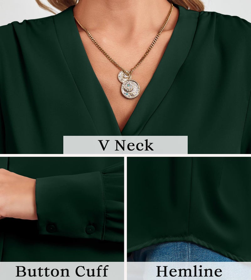 Flowyair Women's Business Casual Tops Summer Long Sleeve Button Down Shirts V Neck Chiffon Blouses A-Dark Green - Image 5
