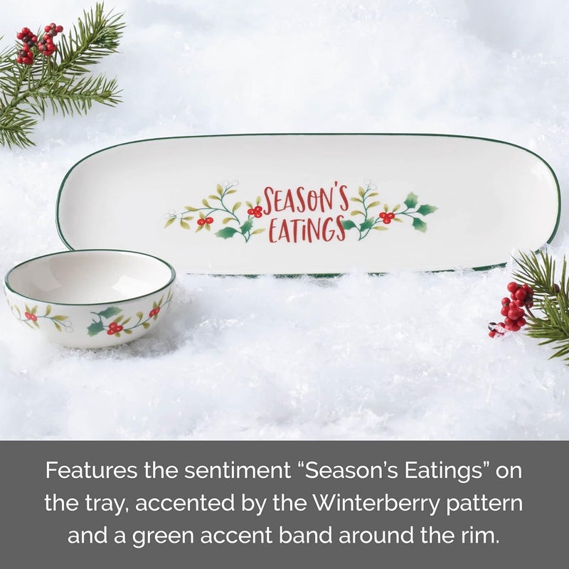 Pfaltzgraff Winterberry Seasons Greetings Serving Tray with Dip Bowl 2 Piece Multicolored - Image 4