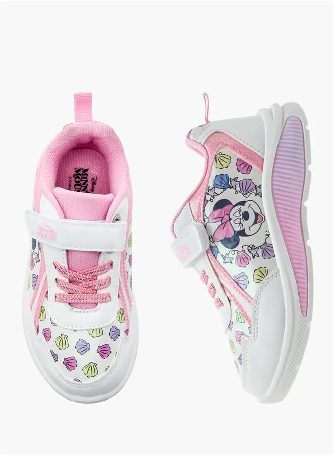 ديزني Girls Minnie Mouse Print Light-Up Sneakers with Hook and Loop Closure