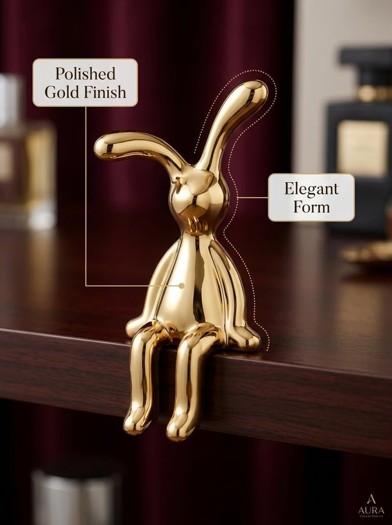 Gold Rabbit Figurine Shelf Sitter Cute Bunny Statue Home Desk Decor - Image 4