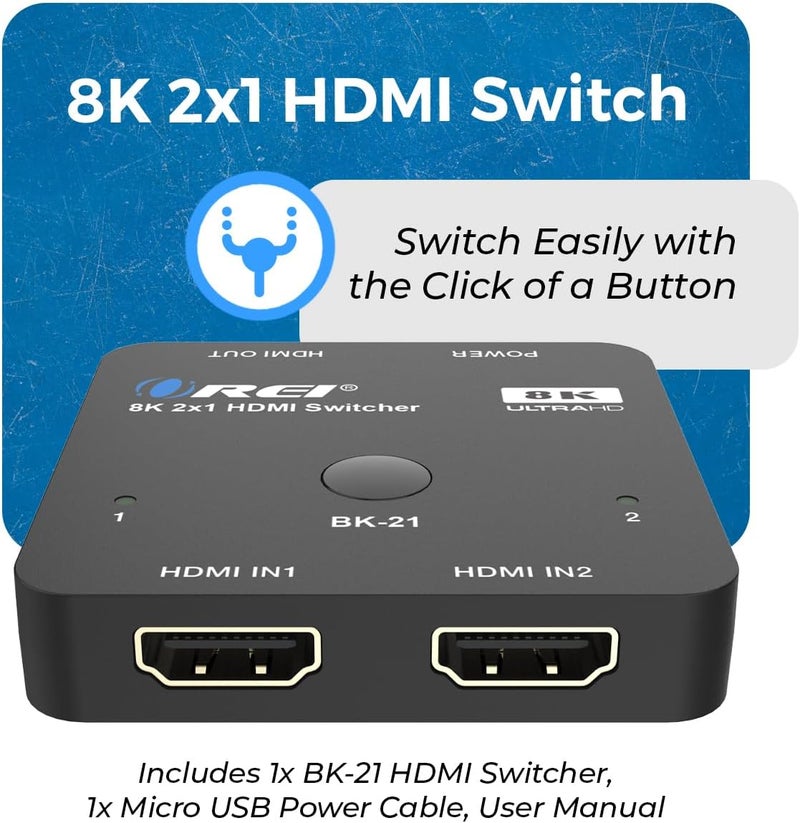 OREI 8K 2x1 HDMI Switch 4K @ 120hz, Auto HDMI Selector 48Gbps High Resolution Switch Between 2 Inputs Prefect for Gaming, PS5, Xbox, HDR10, Dolby Vision - Image 2