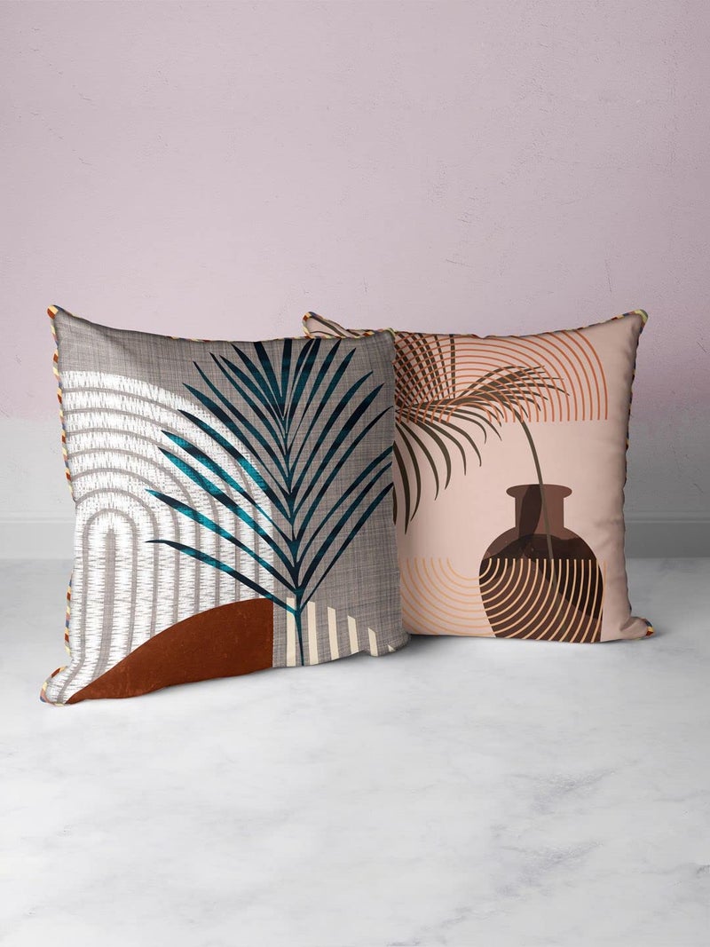 BIANCA Designer Reversible Printed Silk Linen Cushion Covers -2pc 16 X16 Set (Suzane) | with Contrast Front & Back Digital Print | Hidden Zipper Abstract-Geometric-Earthy/Beige - Image 1