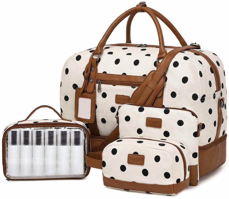 Wogarl 4PCS Weekender Bags for Women Large Overnight Bag Weekend Travel Duffel Bag Carry on Shoulder with Shoe Compartment Canvas Toiletry Bag for Travel Business Gym,Black Dot - Image 1