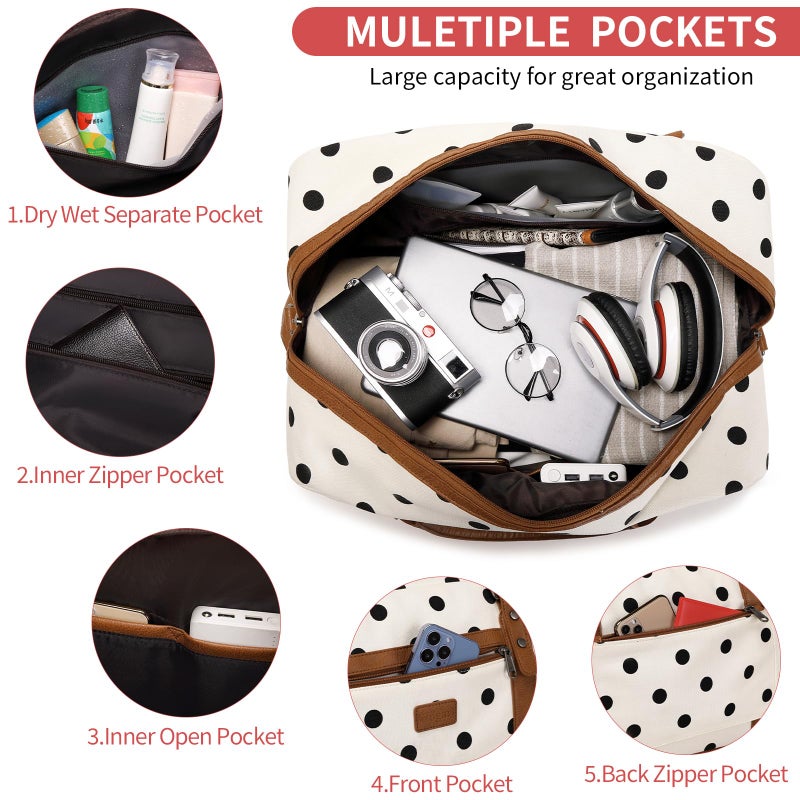 Wogarl 4PCS Weekender Bags for Women Large Overnight Bag Weekend Travel Duffel Bag Carry on Shoulder with Shoe Compartment Canvas Toiletry Bag for Travel Business Gym,Black Dot - Image 4