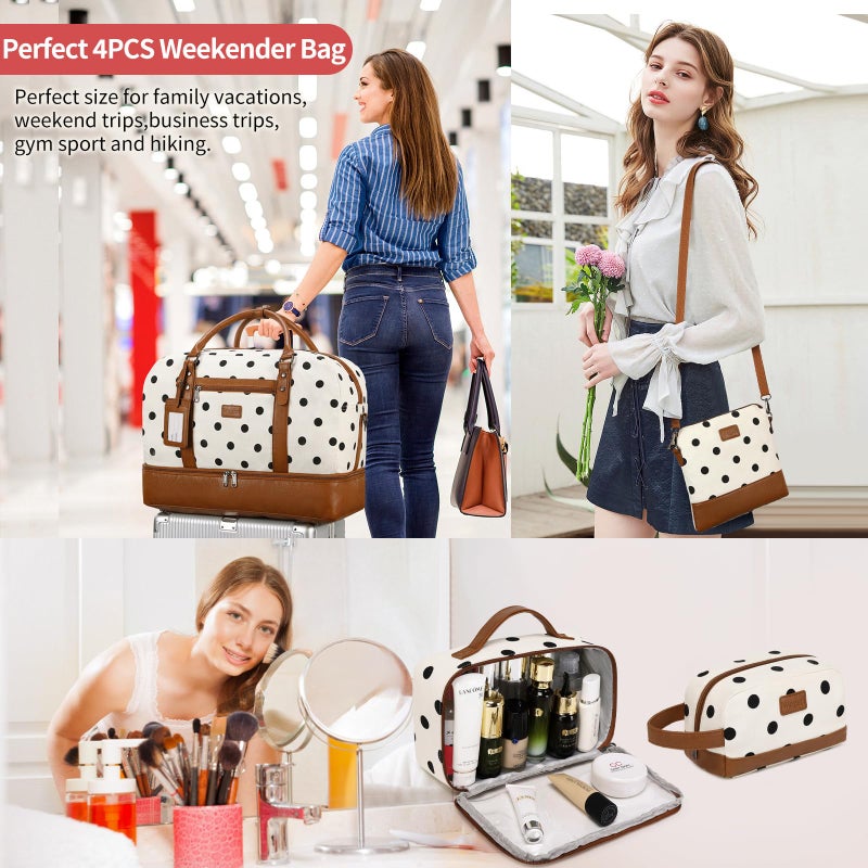 Wogarl 4PCS Weekender Bags for Women Large Overnight Bag Weekend Travel Duffel Bag Carry on Shoulder with Shoe Compartment Canvas Toiletry Bag for Travel Business Gym,Black Dot - Image 2