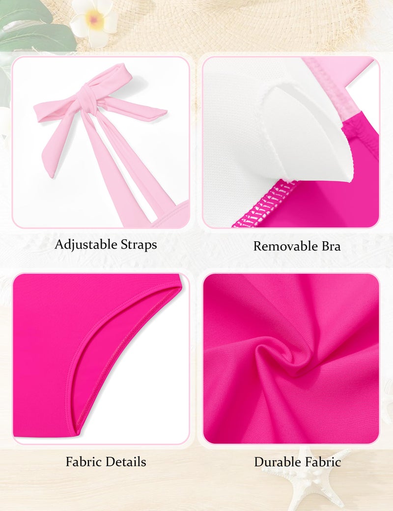 KANGKANG Girls Swimsuits Size 10-12 Pink Color Block Adjustable Straps Swimsuits for Teen Girl 2Pcs Set Girls Bikini Size 11 Bathing Suits Size 12 - Image 5