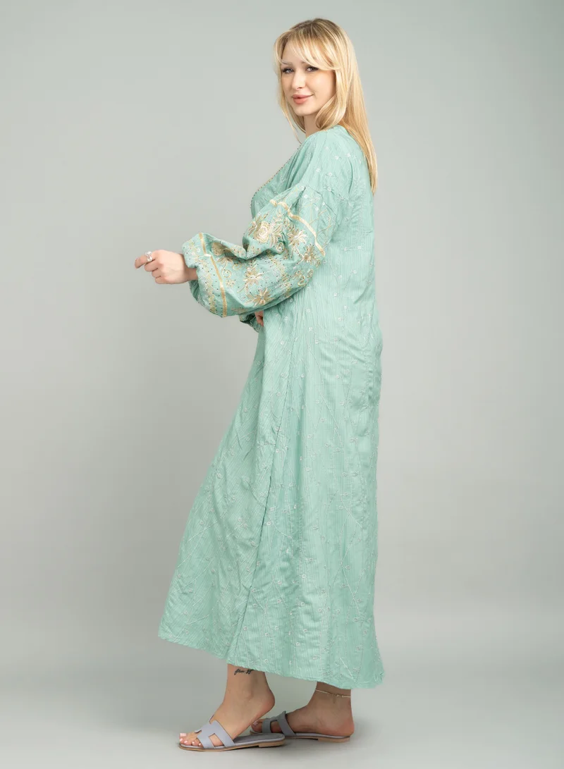 IKKXA Embroidered Wide Push Sleeves Jalabiya CJ1085 Green