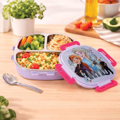 SKi Homeware Baker Insulated 3 Grid Bento Lunch Box With Stainless Steel Inner And A Steel Spoon- Frozen, 450Ml (character style may vary) - Image 2