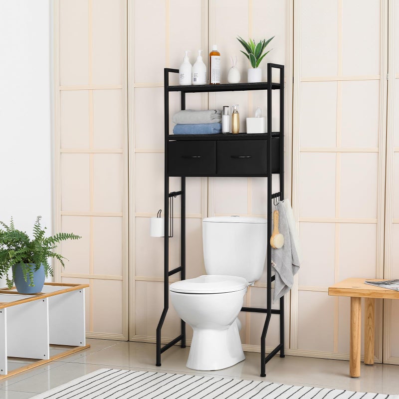 ETELI Over The Toilet Storage Bathroom Cabinet 3 Tier Freestanding Over Toilet Storage Cabinet Shelf Space Saving Behind Above Toilet Bathroom Organizer with Fabric Drawers Black