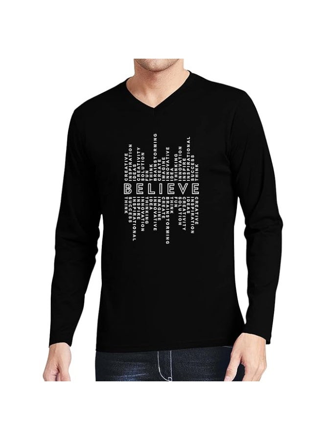 OPLU Store Men's Regular Fit Cotton Long Sleeve V-Neck Black Graphic T-Shirt - Size L - Image 1
