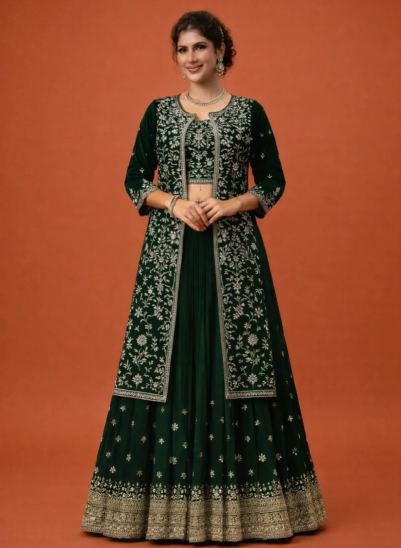 Lehar Midnight Green Georgette Jacket-Style Lehenga Set with Intricate Silver Zari Embroidery