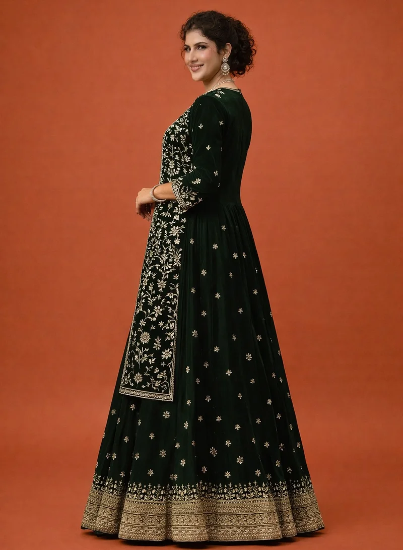 Lehar Midnight Green Georgette Jacket-Style Lehenga Set with Intricate Silver Zari Embroidery