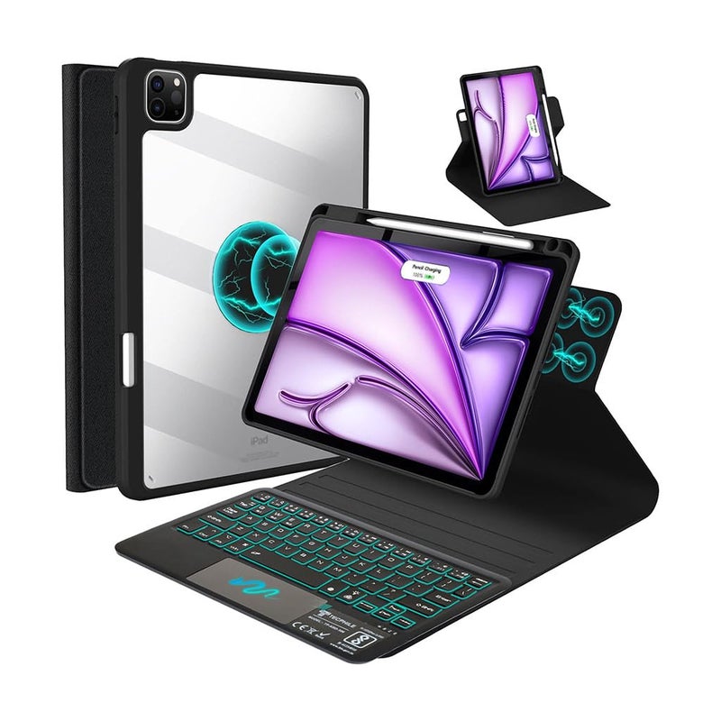 TECPHILE iPad Keyboard Case for iPad Air 11 M3 2025/ M2 2024/ 5th/4th Gen & iPad Pro 11 inch with 7-Colors Backlit, Large Touchpad, 360° Rotating Folio & Adjustable Angle, Transparent Cover, Pencil Holder - Image 1